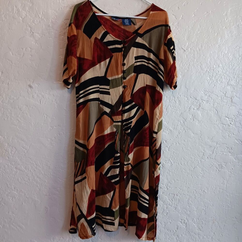 Phool Womens Dress Sz L Button Front Tie Waist Slits Colored Print Semi Sheer